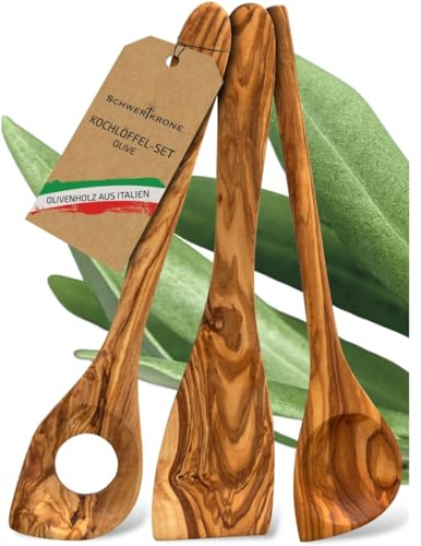 SCHWERTKRONE® Holzlöffel Set [AUS ITALIENISCHEM OLIVENHOLZ] - Kochlöffel Holz - Pfannenwender Holz - Holzkochlöffel - Küchenutensilien - Holzlöffel Set Olivenholz Kochbesteck