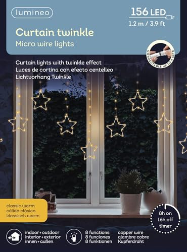 Lumineo Stern-Lichtervorhang Twinkle klassisch warm - 156 LEDs - 1,2 Meter - Indoor & Outdoor - Timer - IP44 Schutz - 8 Verschiedene Lichtfunktionen