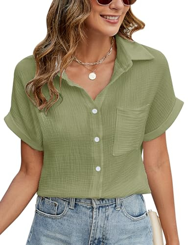 PASUDA Blusas Mujer Verano Elegante Camisa Manga Corta Algodón Camiseta con Botones Cuello en V Casual Blusa Mujer Shirts Top (Verde, XXL)