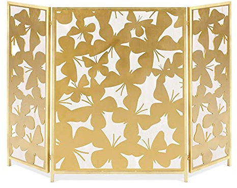 KOIAMVZW Fireplace Screen Metal Fireplace Screen 3-Panel Butterfly Decorative Pattern Steel Mesh Fireplace Screen Fire Spark Guard Grate for Living Room Home Decor Spark Guard Cover (Gold