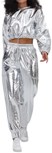 Jogginganzug Damen Party Outfit Langarm ohne Kapuze Hip Hop Outfit Festival Outfit Metallic Hose Glitzer Top Crop Top Hoodie+Jogginghose 2tlg Disco Outfit