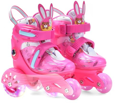 ERNAN Roller Enfant Filles et Garçons,Patin a Roulette Enfant 4 Taille Réglable, Roller Quad avec 8 Roues Lumineuses. Patins à roulettes pour Enfants pour débutants (Red, S)