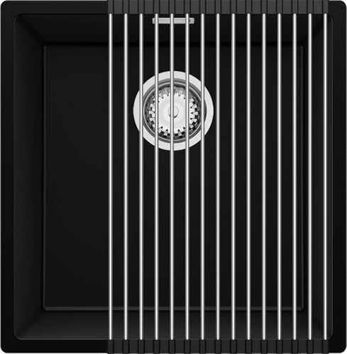 PRIMAGRAN Fregadero Cocina Negro 46x47cm, Granito 1 Seno + Sifón + Enrollable Escurridor, Sobre Encimera al Mueble 50cm - London Slim S241