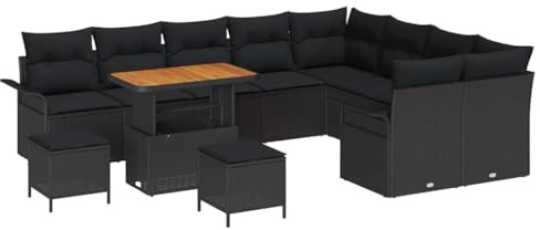 vidaXL Trädgårdsoffset med kudde 12 pcs Svart konstrotting, Trädgård och terrass, modern, modulär möbelset, utomhus rattan-soffa, lätt, UV-beständig, bekväm, stilren