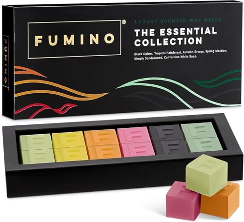 Multipaquete Esenciales de cubos de cera frescos, wax melts hechos a mano y de lujo de Fumino: 12 Cubos de cera aromatica y 6 Fragancias intensas con cera de abeja y aceite de coco