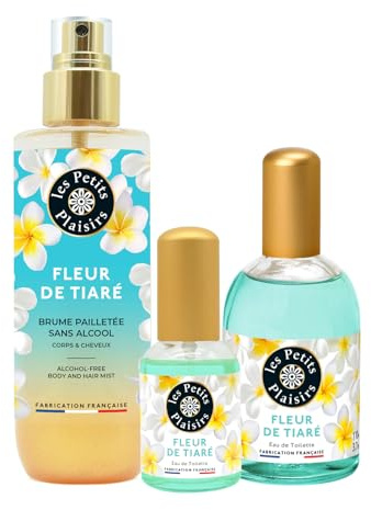Les Petits Plaisirs – Trio Fleur de Tiaré - Eau de toilette 110ml + Eau de toilette 30ml + Brume parfumée pailletée 200ml, Floral, solaire et délicat, Fabriqué en France, Coffret cadeau femme