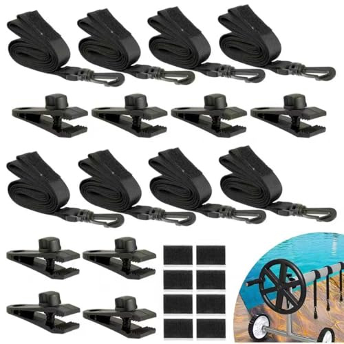HUAREW 24Pcs Pool Solar Cover Reel Attachment Kit, Solar Blanket Straps Kit, Inground Swimming Pool Solar Cover Straps and Clips Including 8 Straps with Hooks, 8 Clips and 8 Touch Fastener