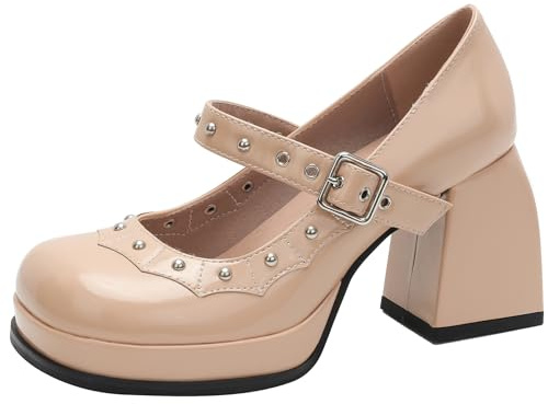 XIEPP Mary Jane-pumps med rund tå och knubbig klack för kvinnor retro, Aprikos, 36 EU