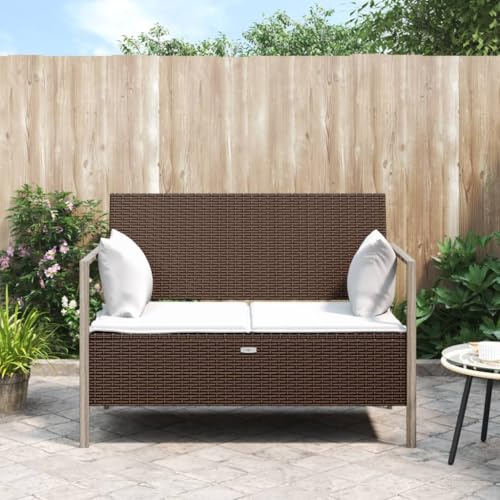 QUAHEAS Gemütliche 2-Sitzer Gartenbank aus braunem Poly Rattan mit bequemen Kissen und praktischem Stauraum, perfekt für Outdoor Gartenmöbel auf Terrasse oder im Außenbereich