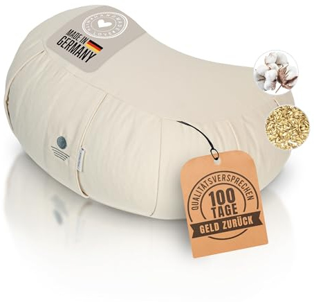 Inner Peace Zafu Meditationskissen Halbmond, Bio-Dinkelfüllung (Natur) | Yogakissen Halbmond, Made in Germany, Bio-Baumwolle, waschbarer Bezug