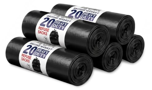 JeeJaan® 70L Large Black Bin Bags,100 Bin Bgas, Rolls Heavy Duty, 15 x 29 x 33 Rubbish Bags Wastage Liners Trash Bags for Kitchen Office Diy Refuse Sacks Garden Bags(5 Rolls of 20s)
