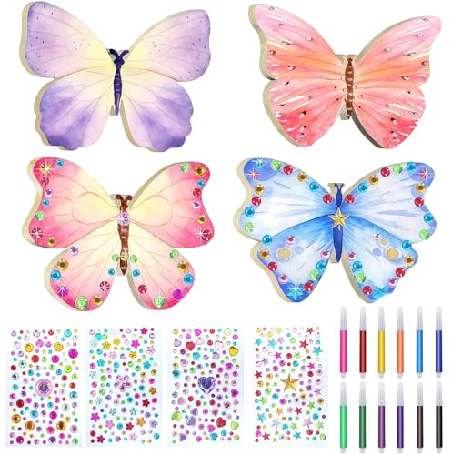 40 Stück Holz Schmetterling Handwerk Set, Schmetterling Holz Aquarell Stift und Edelstein Aufkleber Dekoration, Schmetterling Dekoration, Kreative Handwerk Set, DIY Geburtstag Basteln Kinder