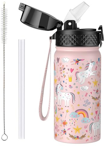 OLDLEY 420ml/14oz Kids Stainless Steel Water Bottle with Straw for School Insulated Metal Water Bottles Leakproof Reusable Double Wall Vacuum Small Flask Keep Drinks Hot Cold for Boys Girls (Unicorn)