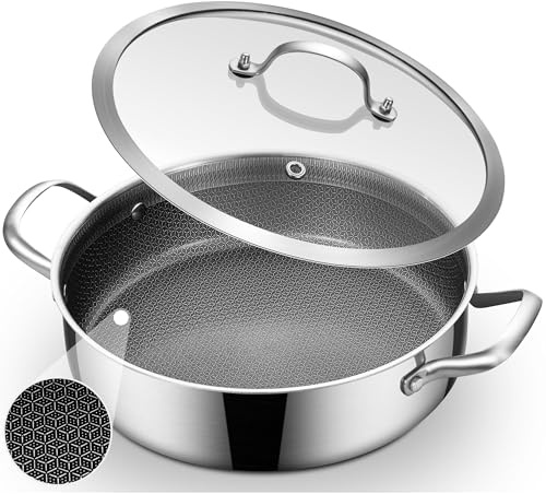 Inqibee 28 CM Hybrid Nonstick Deep Frying Pan with Lid, 4.8L | Tri-Ply Stainless Steel Sauté Pan with Lid, Induction & All Cooktops Compatible, Oven Safe