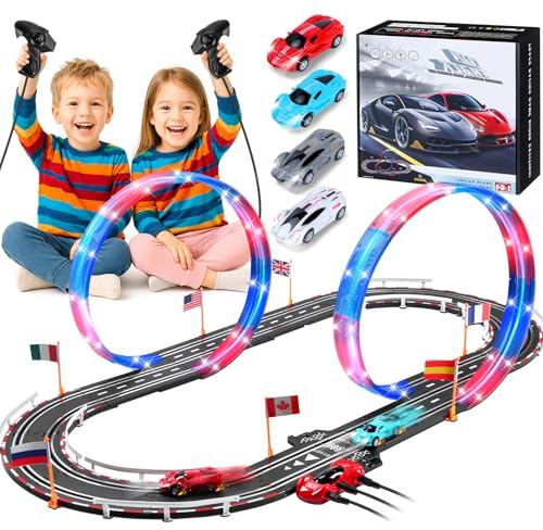 EFFILUMLUX Elektrische Rennbahn Kinder Autorennbahn Beleuchtete-4 LED Auto | 1:64 Elektrische Rennstrecke - Rundenzähler, 360°-Looping, USB & BATTERIE, Rennstrecke Auto Spielzeug für Kinder 6-12 Jahre S