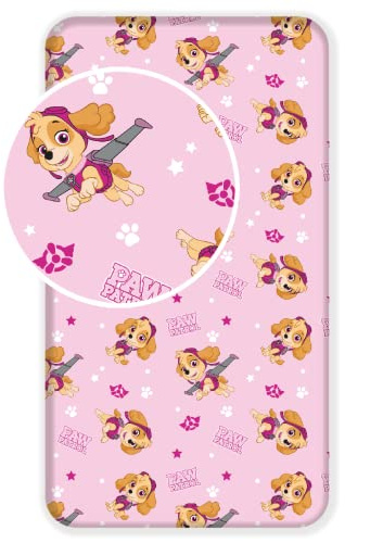 Spannbettlaken Paw Patrol mit Skye in Rosa, Hunde, 90 x 200 cm + 25 cm, 100% Baumwolle für Kinder