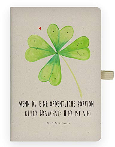 Mr. & Mrs. Panda DIN A4 Baumwoll Notizbuch Kleeblatt - Geschenk, Notizblock, Adressbuch, Notizen, Umzug, Glücksbringer, Tagebuch, Pflanzen, Schreibbuch, Skizzenbuch, neuer Job, Frühlings Deko, Blumen