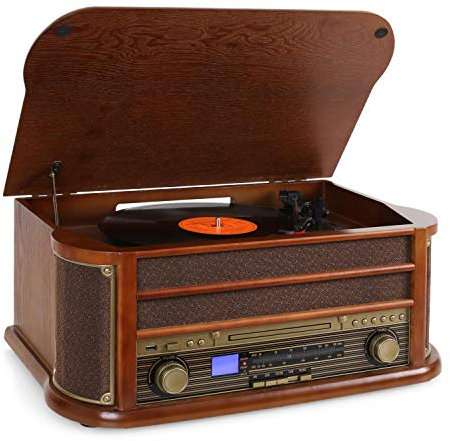 Auna Vinyl Record Player, Vinyl Records with Speakers, Home Audio Record Players, Wood Retro Vintage 3-Speed Turntable, Speakers Stereo w/CD Turntable and USB Port