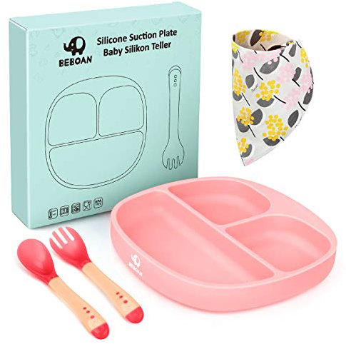 BEBOAN Baby Teller, Silikon Saugplatte Set für Kleinkinder und Kinder, Baby Tischset mit Saugnäpfen und Löffel+Gabel+Lätzchen, Tragbar BPA-freie Babyteller (süßes rosa)