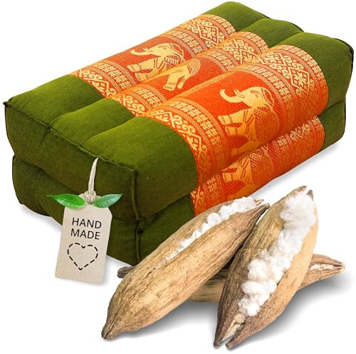 livasia Block Yogakissen eckig Thaiseide - 17x34x12cm - Meditationskissen Kapok, Stützkissen rechteckig, Yoga Pilates Zubehör Nackenkissen, Thaikissen fest handgefertigt (Grün/Orange/Elefanten Seide)