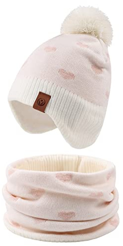 XIAOHAWANG Dinosaure Bébé Chapeau Écharpe Ensemble Chapeaux d'hiver pour Enfant Garçon Fille Bonnet de Chaud Automne 0 à 7 Ans(Blanc Cœur (Chapeau+écharpe),9 à 24 Mois)