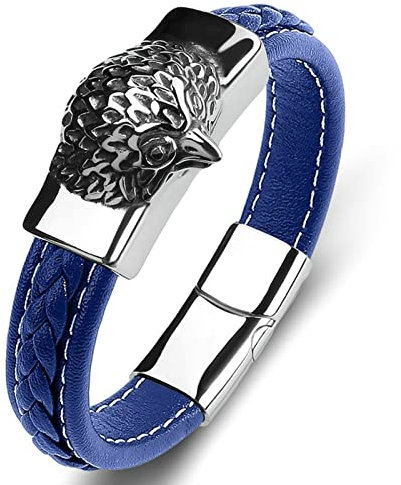 Dsnyu Bettelarmband Junge, Blau Leder Armreif Herren mit Magnet Verschluss, 20CM Eule Retro Armbänder für Verlobung