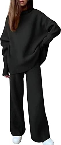 Vagbalena Donna Elegante Abito Lavorato a Maglia Maglione a Collo Alto + Pantaloni Due Pezzi Set Allenamento Sportivo a Maglia Maglione a Collo Alto Pantaloni a Gamba Larga (Nero,S)