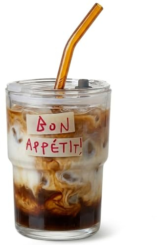 Olvini 13oz Glass Tumbler with Straw and Lid, Reusable Iced Coffee Cup, Water Glass, Coffee Mug (Bon Appétit)
