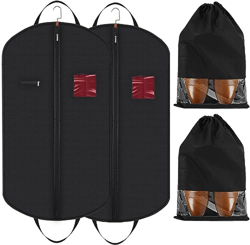2 Pcs Hochwertige Kleidersack Anzug mit 2 Schuhbeutel, Anzugtasche Herren Schwarz, Anzug Schutzhülle für Anzug und Kleid, Atmungsaktiv Wasserdicht Reise Kleiderhülle Hält Ein Leben Lang