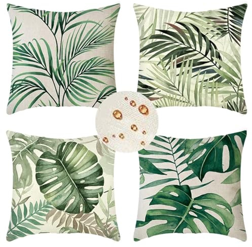 Outdoor Wetterfest Kissenbezug 80x80 cm 4er Set Grün Kissenbezüge Blatt Outdoor Kissen Wasserdicht Leinen Quadrat Sofakissen Dekokissen für Garten Terrasse Bank Stuhl Outdoor Heimdekoration Geschenke