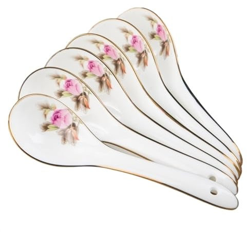 Cucharillas Postre Cuchara de cerámica Jingdezhen de 10 piezas, cuchara doméstica de porcelana, cuchara pequeña de cerámica con decoración de borde dorado e impresiones coloridas Cucharillas de Café(A