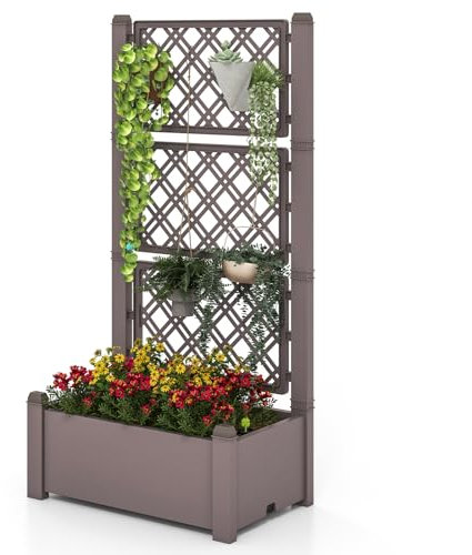 HOMASIS Hochbeet mit Rankgitter, höhenverstellbar Blumenkasten mit 3-Stufigem Spalier, Pflanzkasten mit Wasserstandsanzeige Drainagelöchern & abnehmbaren Trennwänden, für Kletterpflanzen (Kaffee)