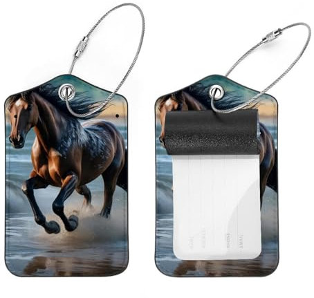 Gepäckanhänger mit laufendem Pferd im Wasser, Gepäckanhänger für Koffer, Leder, Gepäckanhänger für Reisen, Edelstahlschlaufe, Namensschild für Damen, Tasche, Rucksack, 2 Stück