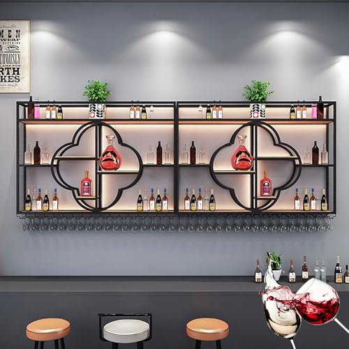 WXZXWXZX Weinregal Wand Metall mit Licht Flaschenregal Wine Rack Weinschrank Schmal Barschrank mit Weinglashalter Weinständer Getränke Regal für Esszimmer Home Bar Küche Hausbar(Nero,200cm(78.74in))