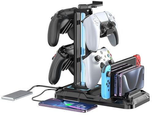 KDD Headset Stand with Charging Station - Detachable Headset Controller Holder Stand with 9 Light Modes, Rotatable Headphone Hanger with USB Charging Ports for PC Gaming Accessories Storage (White)