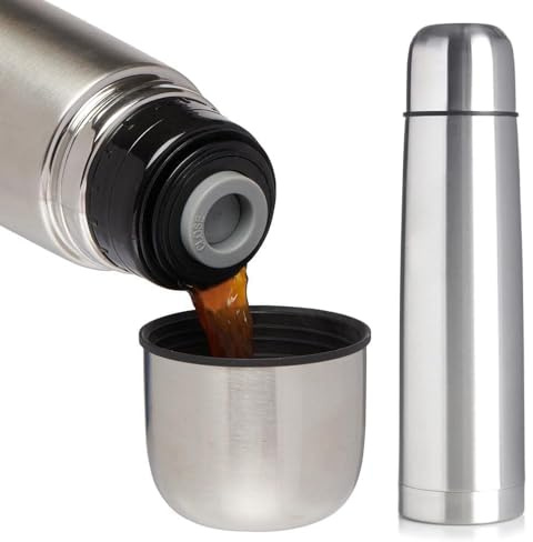 1 Litre Flask Stainless Steel Vacuum Camping Hiking Bullet Thermos Litre Hot Cold 1000ml | Metal Vacuum Drink Flasks to Keep Cold & Hot | Ideal for Sports, Home, Office, Travel