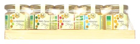 Josef Muhr Honigbrettl 5×50 g BIOLAND – Mini Bio-Honige im Probier-Set, Deutscher Blüten- & Sortenhonig, naturbelassen, mild & aromatisch – Geschenk-Set im Glas