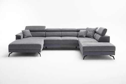 möbelando Wohnlandschaft >Silvie< in grau, mit elektrischer Sitztiefenverstellung, Kopfteilverstellung, Nosagunterfederung und Bonellfederkern, inkl. 3 Zierkissen, 360 x 80-96 x 239 cm (BxHxT)