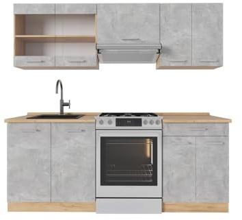 Vicco Küchenzeile R-Line, Beton/Goldkraft Eiche, 200 cm | 5 Module · Höhenverstellbare Füße · Ohne Arbeitsplatte · Robuste Fronten · Mit Glasschrank · Frei kombinierbar
