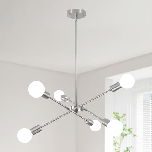 QAREHL Kronleuchter Nickel Modern Deckenleuchte, 6 Flammig Sputnik Hängelampe Küche mit E27 Fassung, Pendelleuchte Esstisch für Schlafzimmer, Wohnzimmer, Flur, Höhenverstellbar Hängeleuchte