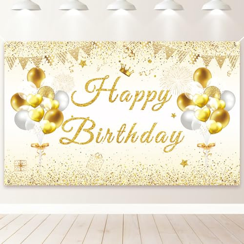 PartyYaa Decorazioni per striscioni di buon compleanno, sfondo di compleanno, extra large, per feste, cabina fotografica, sfondo decorativo, poster per interni ed esterni (oro bianco)