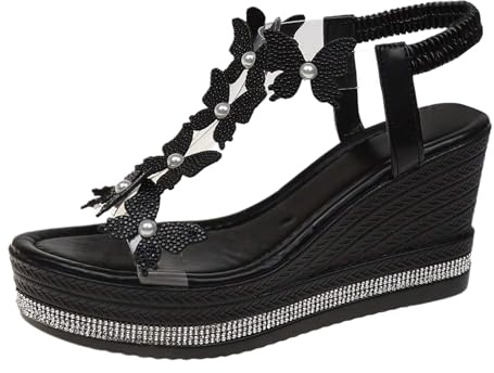 Xbemkste damsandaler, platå med kilklack, sandaletter med fjäril, strass, eleganta höga klackar, sandaletter, ankle elastiska sommarsandaler, svart, 39 EU