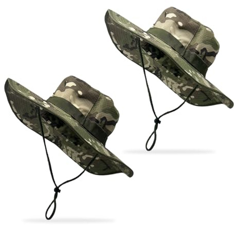 FUIPVGI 2 Stücke Sonnenhut Herren Camouflage Dschungelmütze, Armee Boonie Hat, Buschhut, Safari Hut Sommerhut Breiter Krempe Camo Wanderhut (DE/NL/SE/PL, Alphanumerisch, Einheitsgröße, Grün)