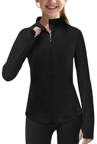 Kid Girls Sports Outdoor Sun Protection Shirt with Pockets Zip Lightweight Long Sleeve Jacket Top, 12-13Y, Black