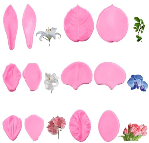 SUNNYCLUE 1 Caja 12Pcs 6 Estilos Flor Pétalo moldes de Silicona Floral Rosa veining pétalos Hoja Dulce Pastel de azúcar Chocolate Prensa Fondant Herramienta para Decorar la Galleta Gumpaste Bricolaje