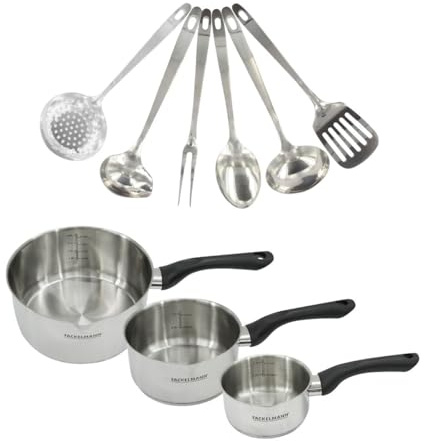 Fackelmann 9446050 Set 3 casseroles 12 16 et 20 cm en inox 18/8 et 6 ustensiles inox, tous feux, induction, sans PFAS, Acier inoxydable 18/8, 12 16 20 cm, Gris Pierre