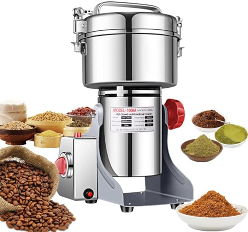 Electric Grain Grinder, 2000g Stainless Steel Spice Mill with 28000RPM High Speed, Overload Protection & 5min Timer for Dry Spices, Herbs, Nuts, Coffee, Rice