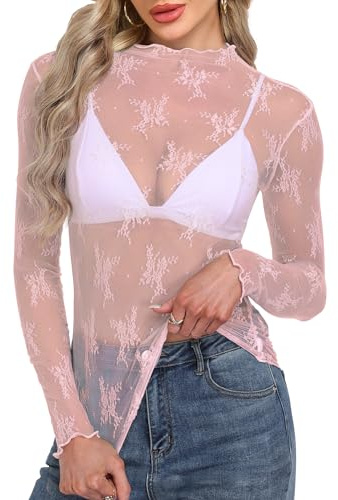 WNEEDU Sexy Tee Shirt en Dentelle Voile Femme à Manches Longues Blouse en Résille Transparent Chemiser Chic et Élégant T-Shirt col à Volants