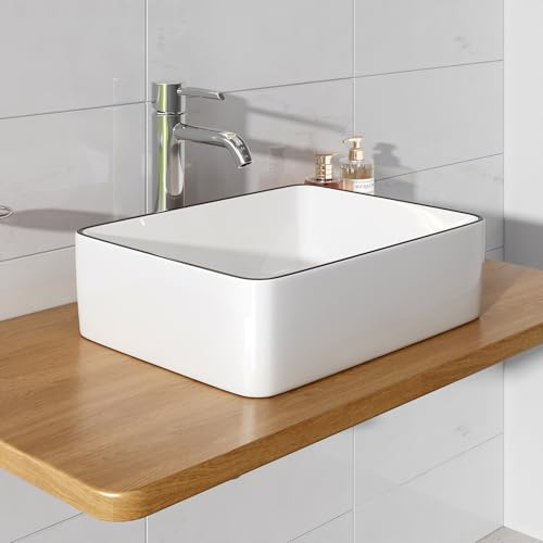 HOROW Aufsatzwaschbecken Keramik kleines Waschbecken | Aufsatzbecken mit schwarzen Kanten, 50 cm Eckig, ohne Hahnloch für Gäste WC, Waschschale mit dünnem Rand