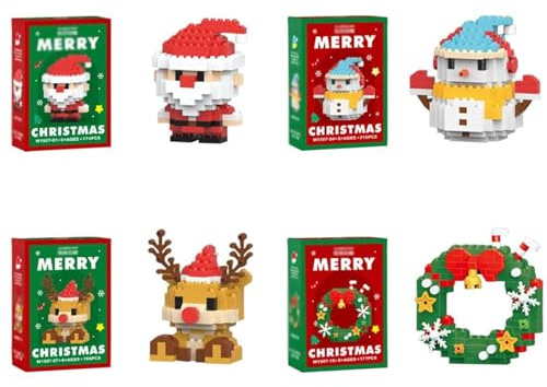 4 PCS Klemmbausteine Weihnachten, Set mit Weihnachtsmann, Schneemann, Rentier und Kranz, kreatives Bauspielzeug für Festliche Dekoration und Geschenke